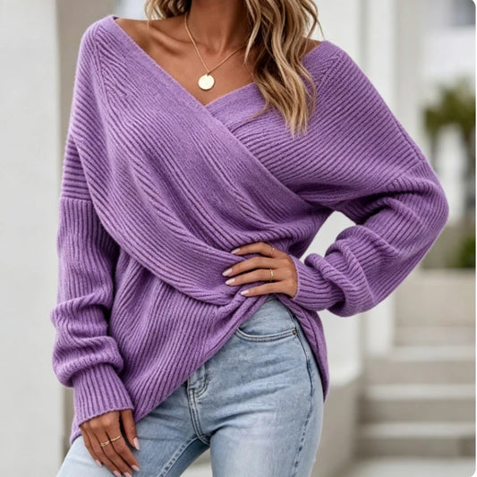 Pull en Maille Femme – Col V Croisé