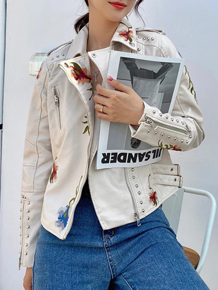 Veste en similicuir vintage imprimé floral pour femmes
