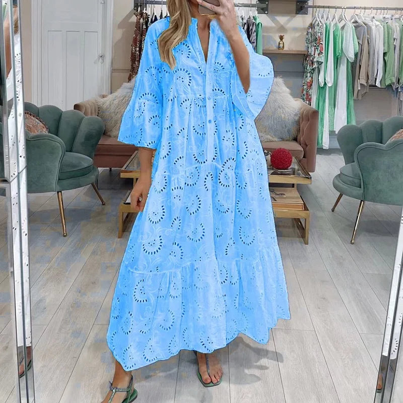 Robe longue en dentelle Jacquard brodée blanche au Crochet pour femmes