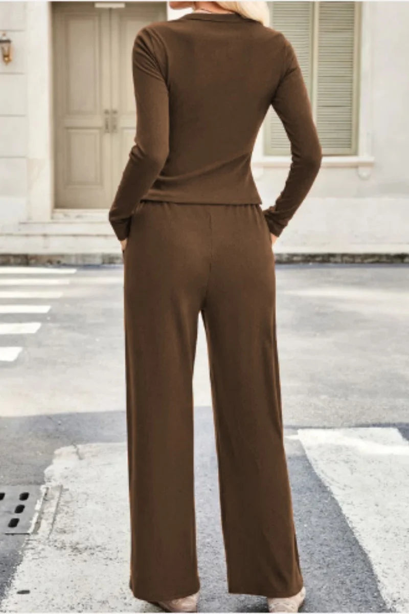 Ensemble composé d'un pull à boutons simple et d'un pantalon large décontracté pour femmes