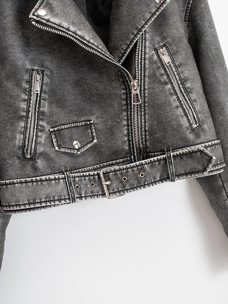Veste courte en similicuir PU vintage pour femmes