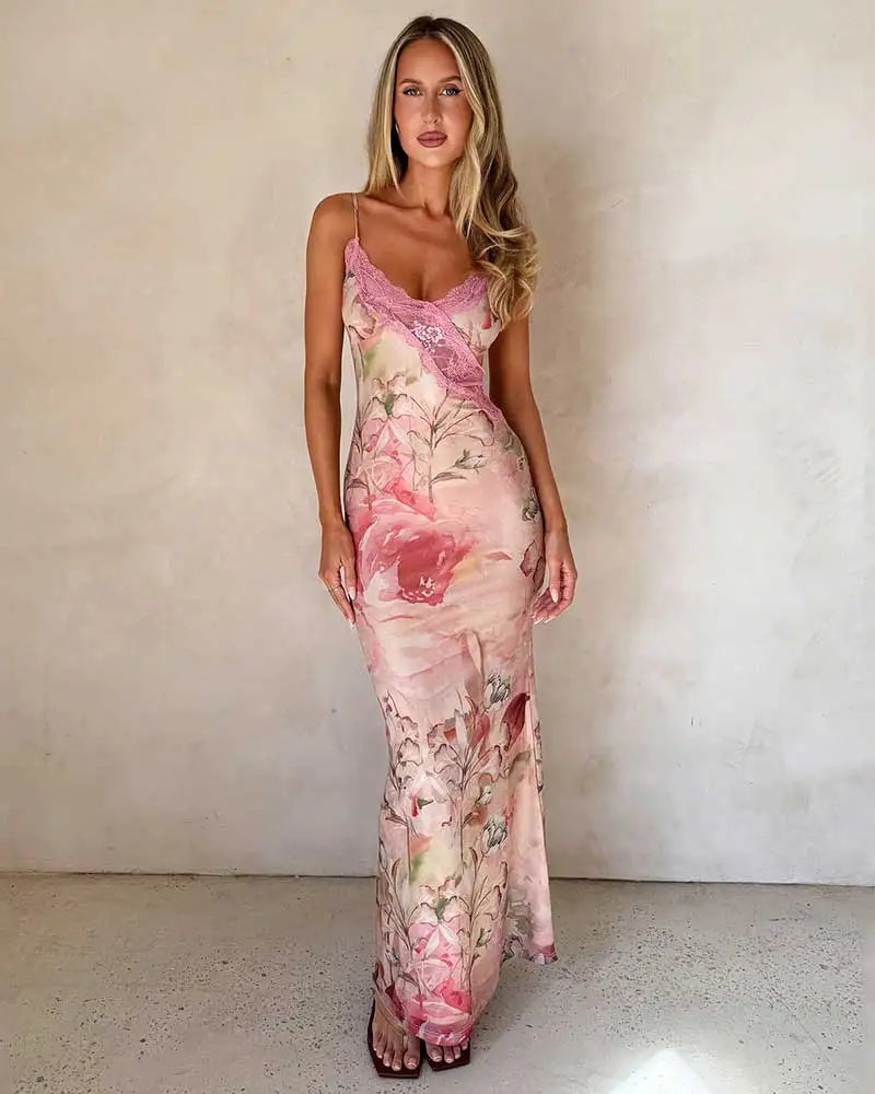 Robe Longue Femme – Dentelle Imprimée Sans Manches