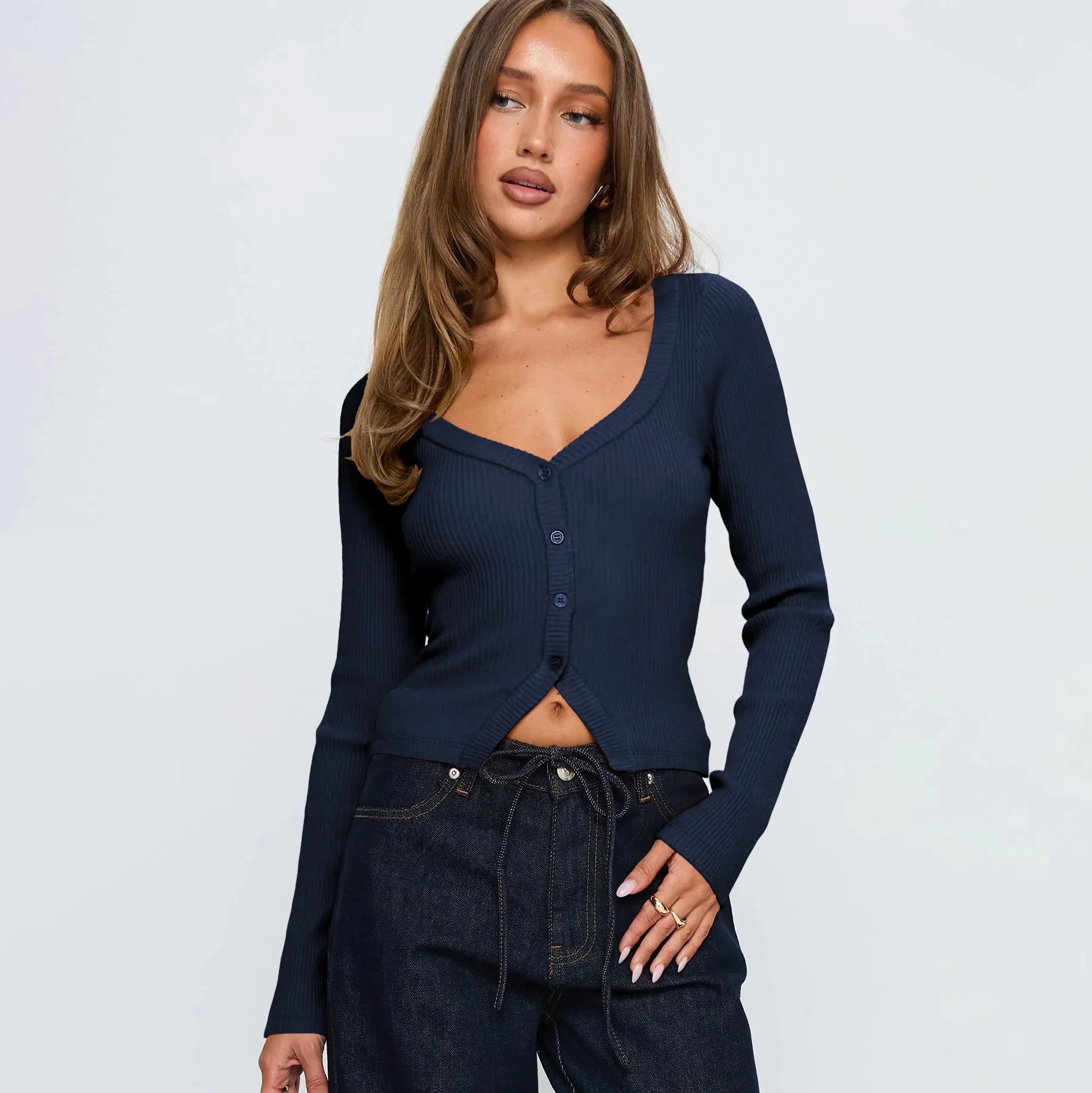 Cardigan à manches longues et col en v pour femmes