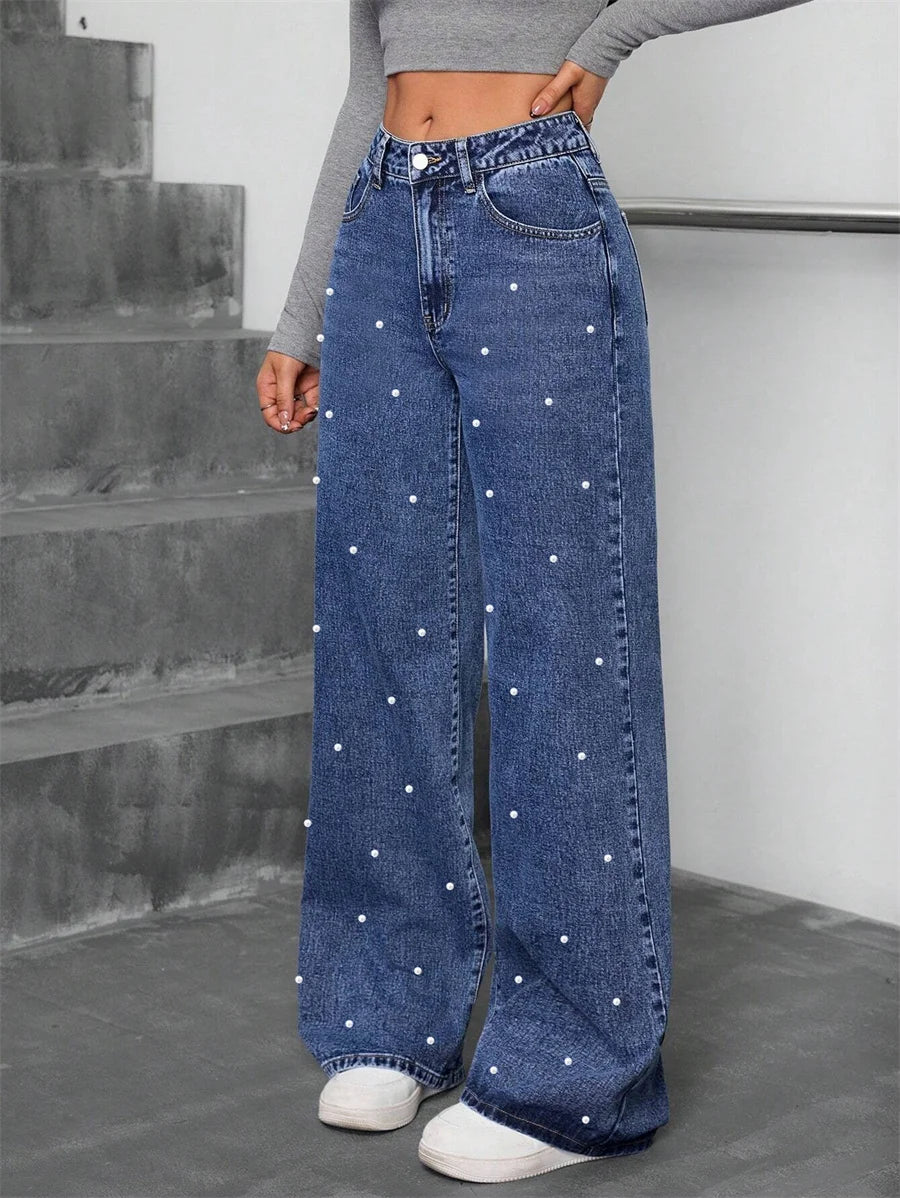 Pantalon droit en jean à perles pour femmes