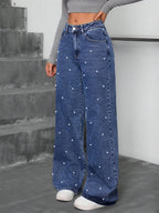 Pantalon droit en jean à perles pour femmes