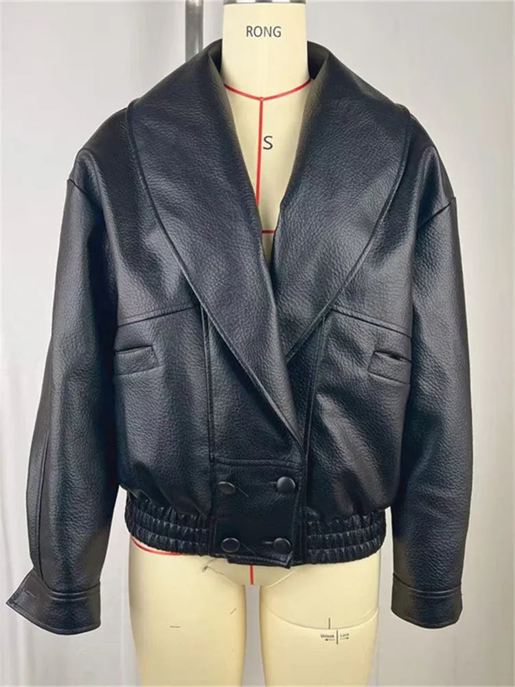 Veste Femme Noire Ample en Similicuir à Col Revers
