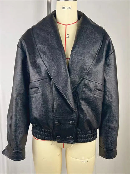 Veste Femme Noire Ample en Similicuir à Col Revers