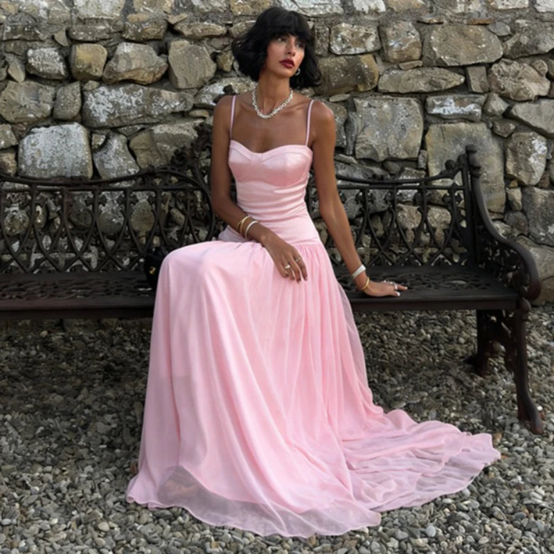 Robe longue rose sexy à bretelles fines pour femmes