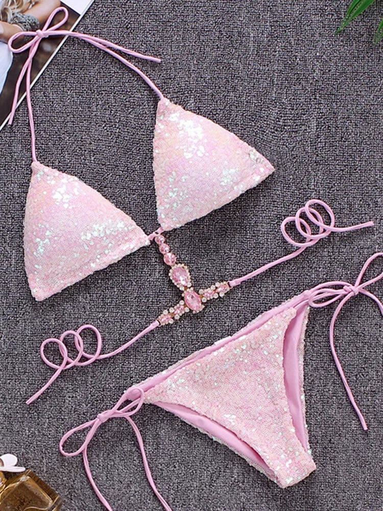 Maillot de bain deux pièces à paillettes brillantes pour femmes