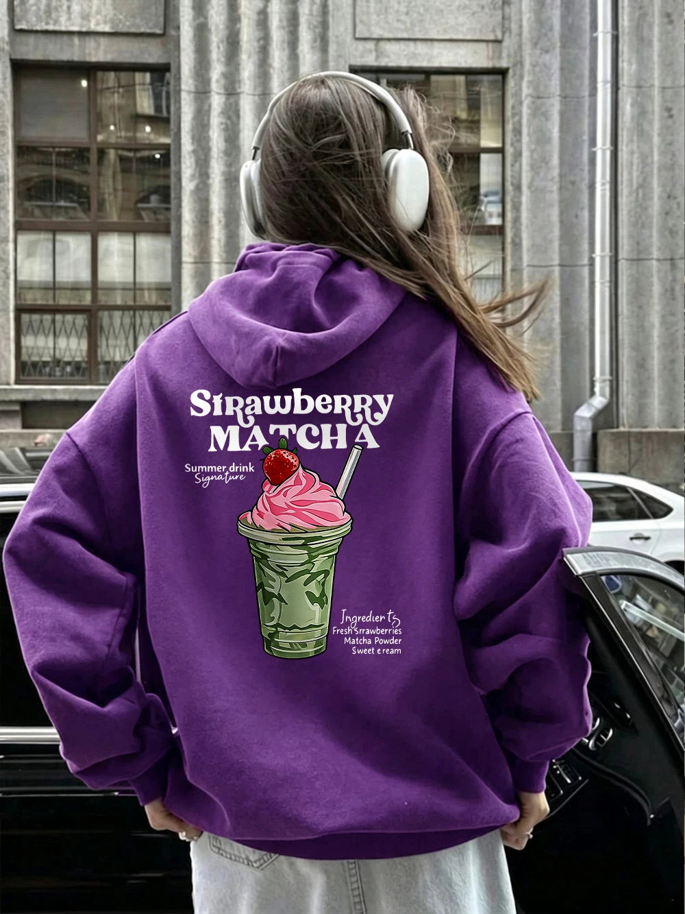 Sweat à capuche imprimé fraise et matcha pour femmes
