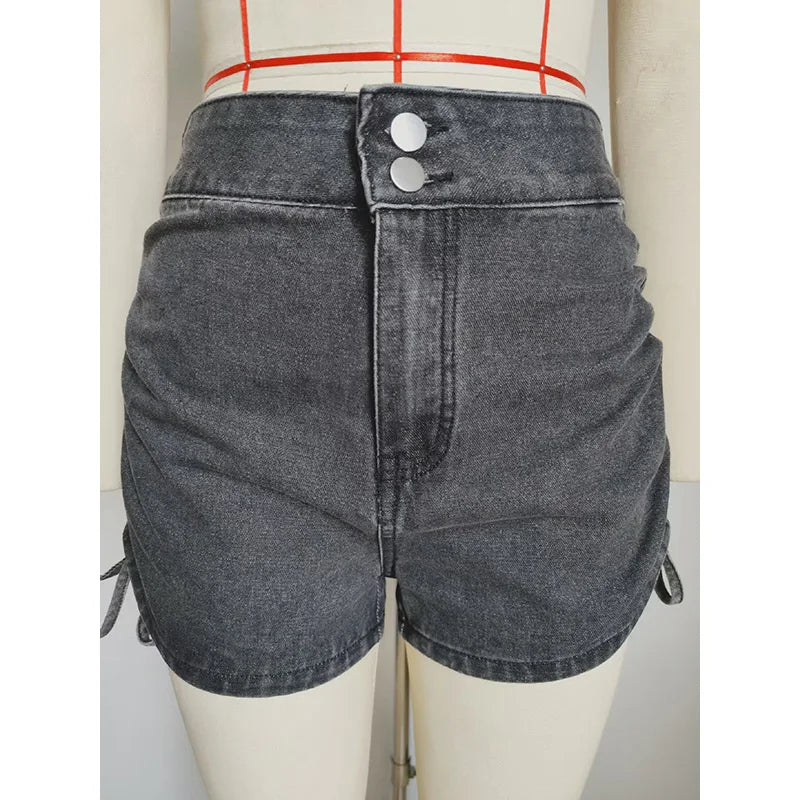 Short en jean taille haute avec cordon de serrage latéral pour femmes