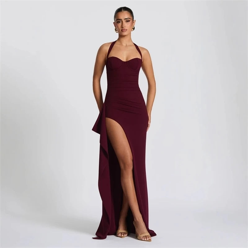 Robe longue sexy dos nu pour femme, style mode, avec lacets, sans manches, taille haute, fente cuisse haute, moulante, pour soirée et club