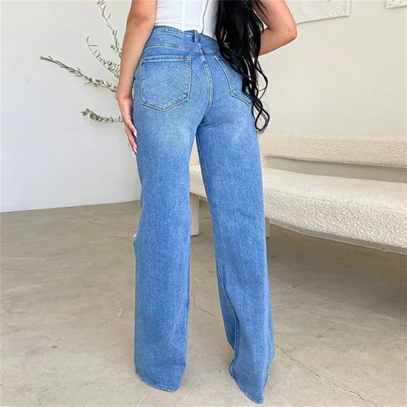 Jean avec trous au genou droit taille haute pour femmes