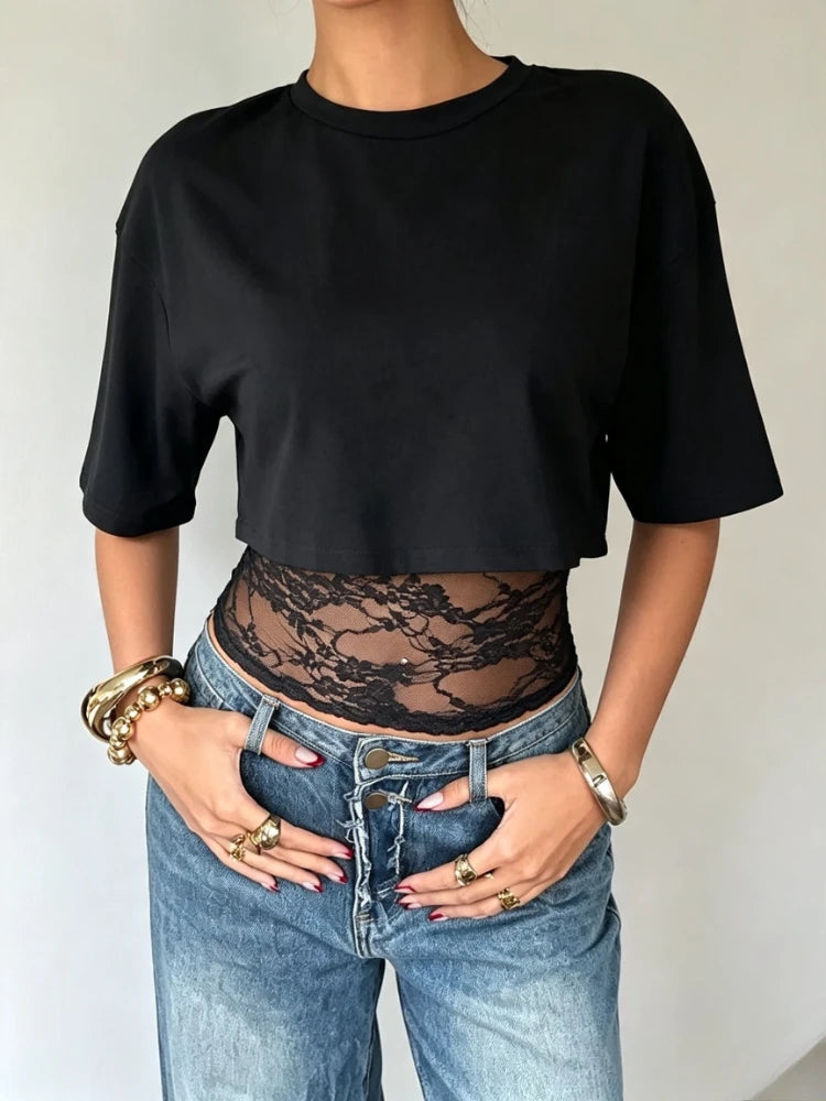 T-shirt Col Montant Femme – Effet Deux Pièces et Dentelle