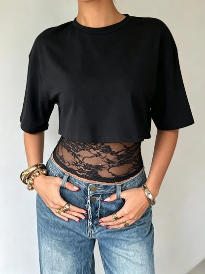 T-shirt Col Montant Femme – Effet Deux Pièces et Dentelle