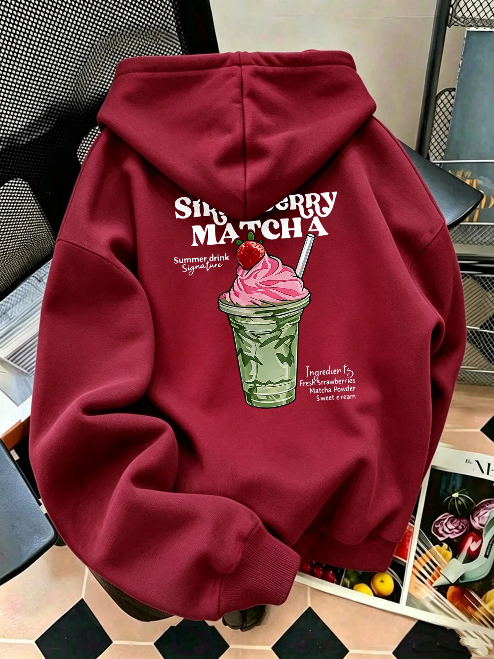 Sweat à capuche imprimé fraise et matcha pour femmes