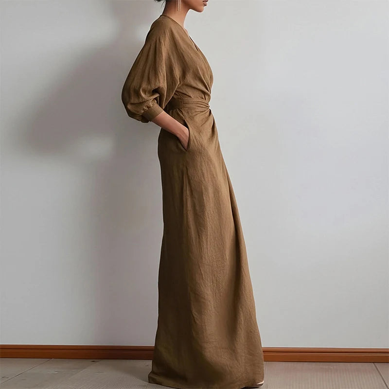 Robe femme longue froncée à col V