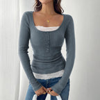 T-shirts en dentelle unie, coupe slim pour femmes