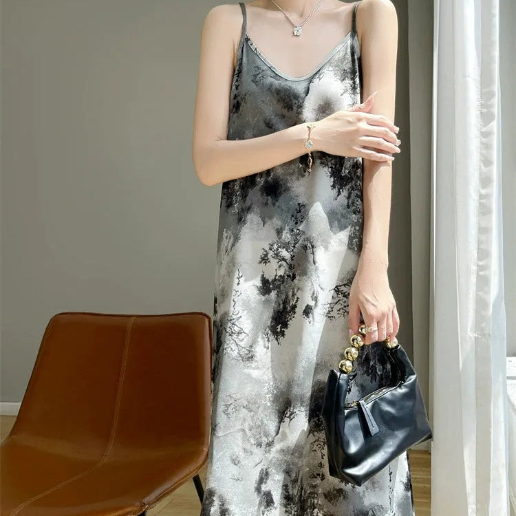 Robe à bretelles en satin à imprimé floral pour femmes