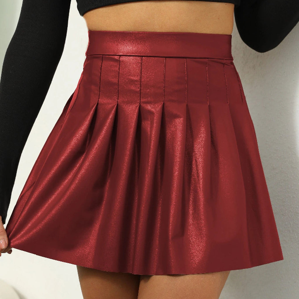 Mini jupe plissée en cuir noir marron pour femmes