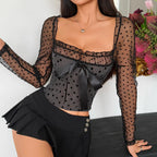Top à pois avec nœud et empiècements en maille à manches longues pour femmes
