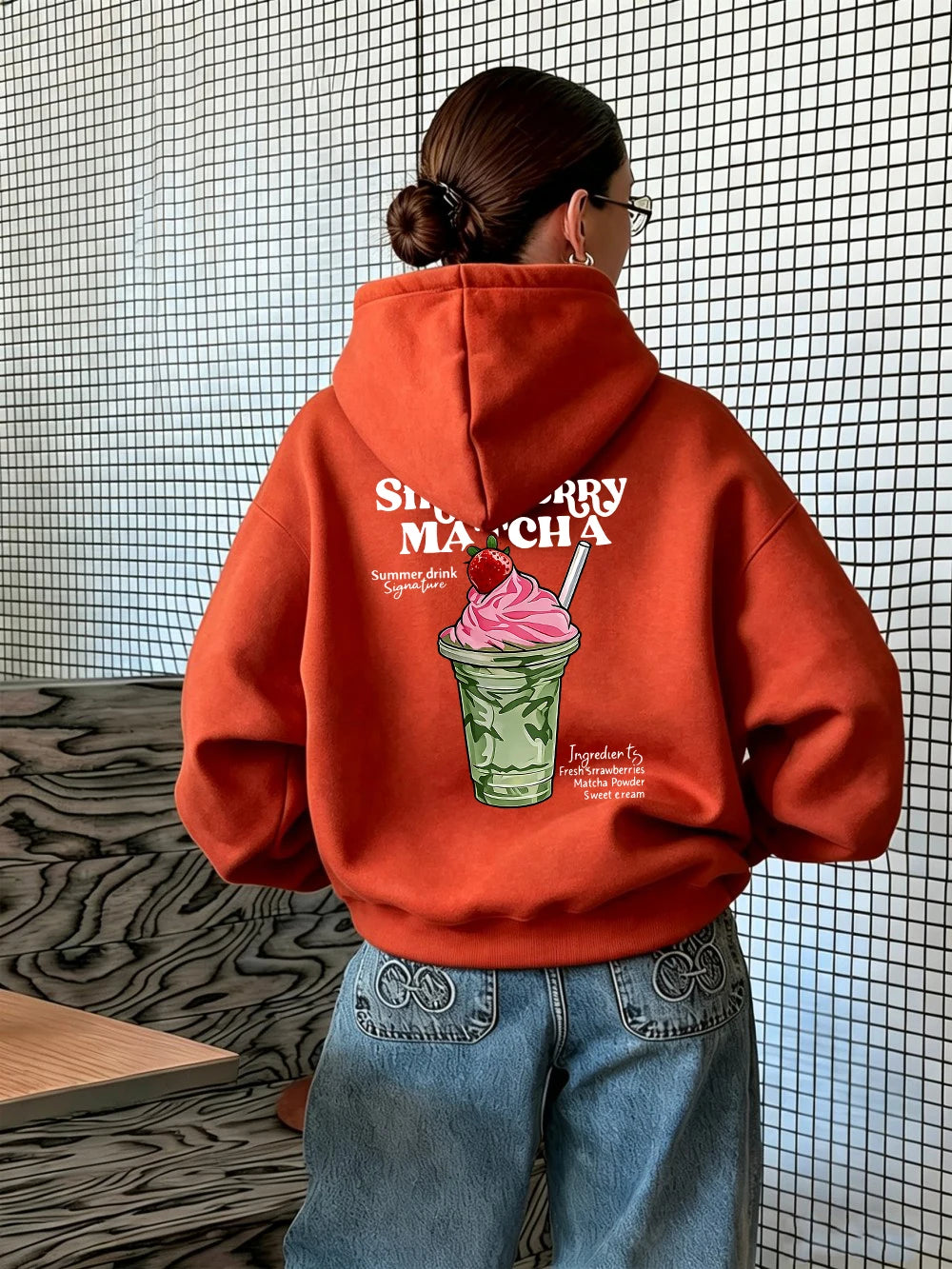Sweat à capuche imprimé fraise et matcha pour femmes