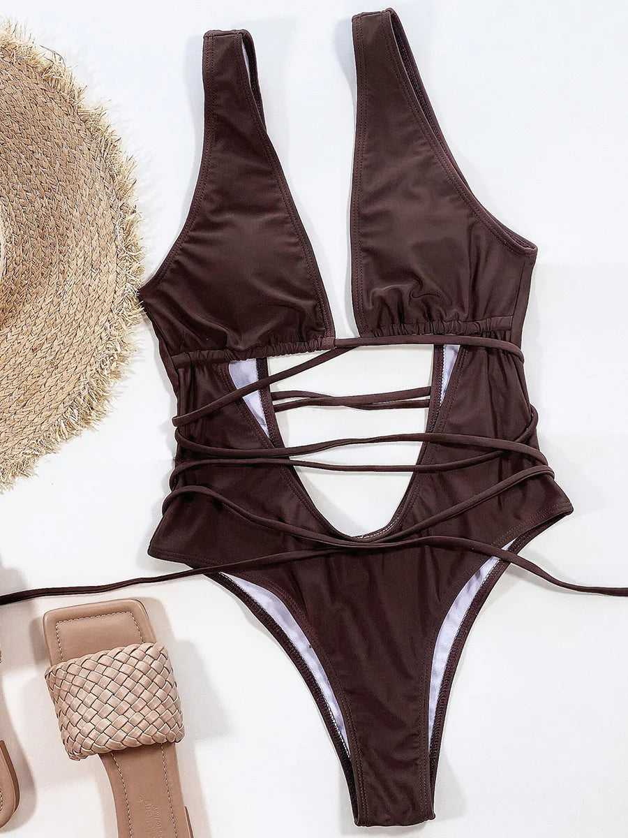 Maillot de bain une pièce décolleté en V profond pour femmes