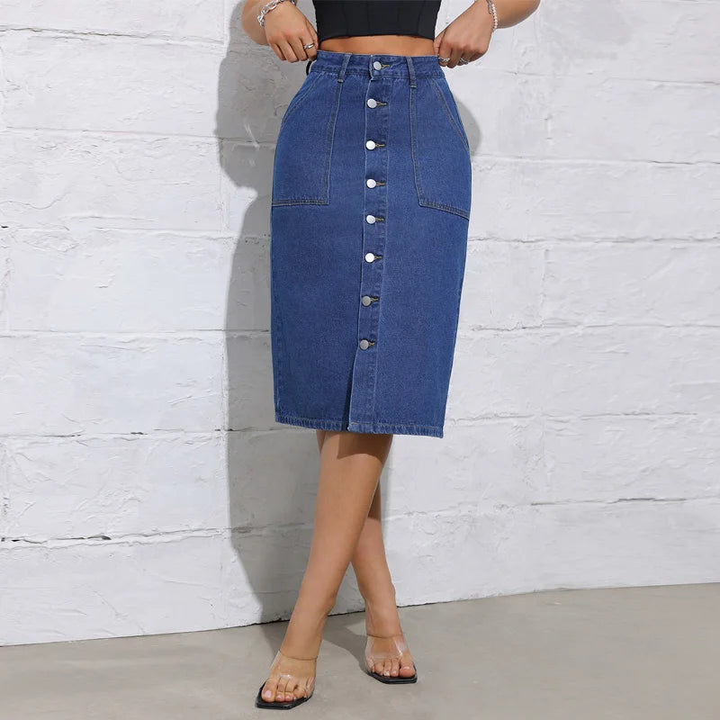 Jupe en jean vintage à simple boutonnage pour femmes