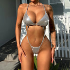 Maillot de bain une pièce en cuir PU brillant pour femmes