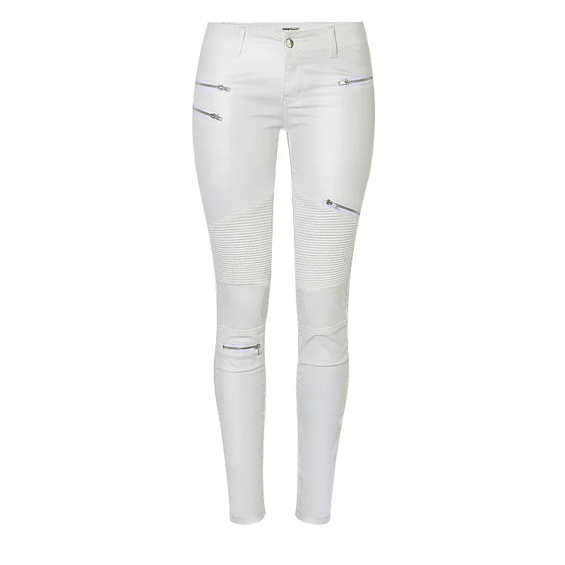 Pantalon Blanc Taille Basse en Similicuir à Détails Zippés
