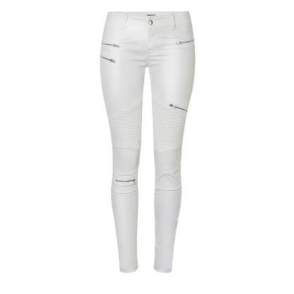 Pantalon Blanc Taille Basse en Similicuir à Détails Zippés