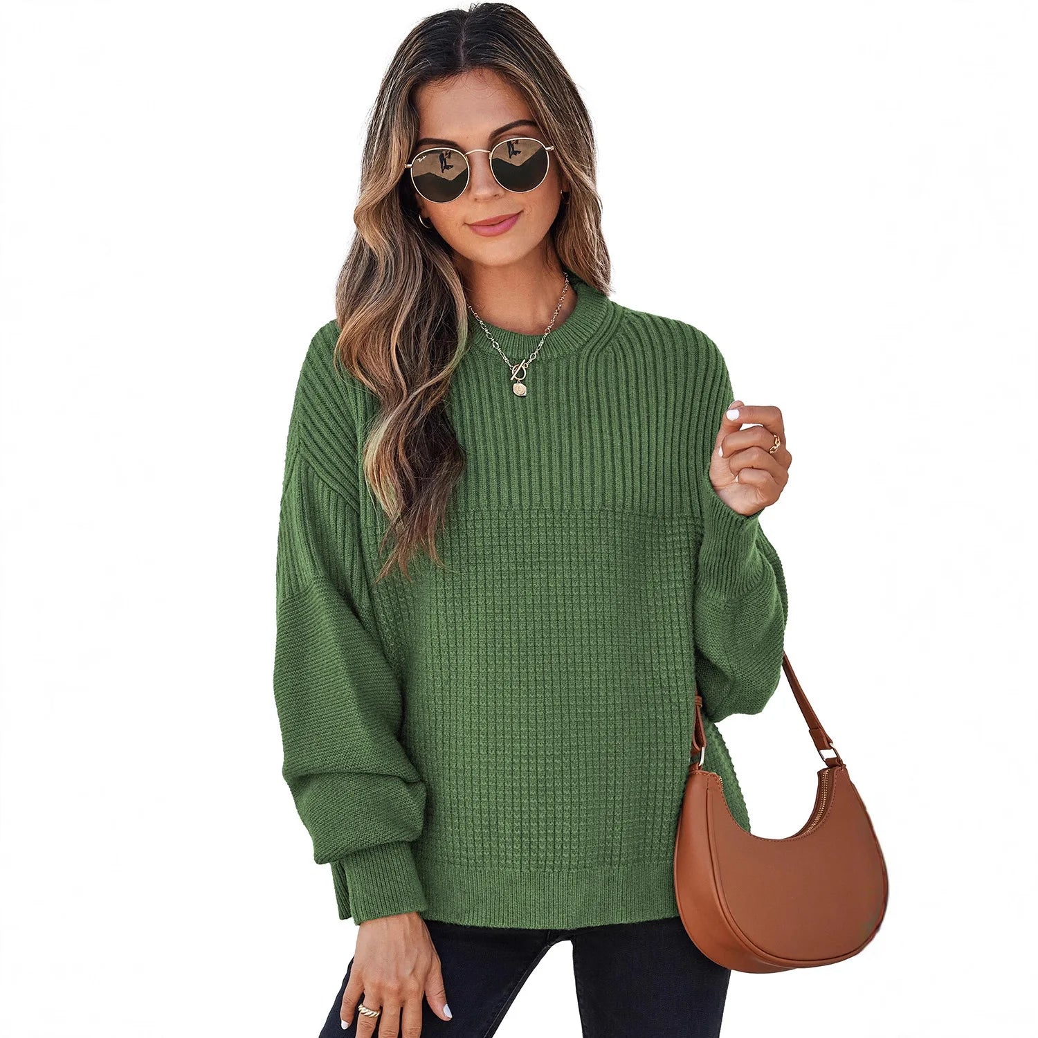 Pull en tricot décontracté à manches longues et col rond pour femmes