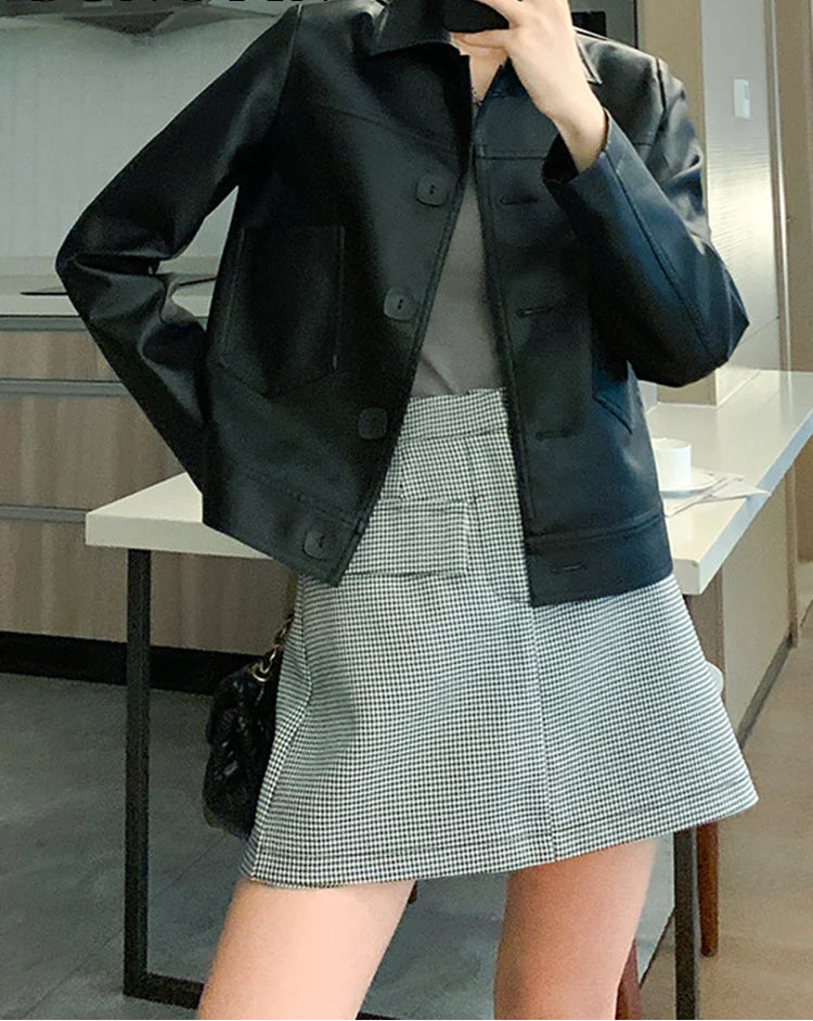 Veste courte femme en simili cuir style coréen