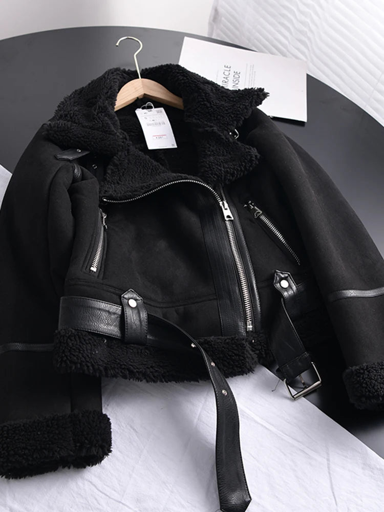 Veste courte épais en daim agneau pour femmes