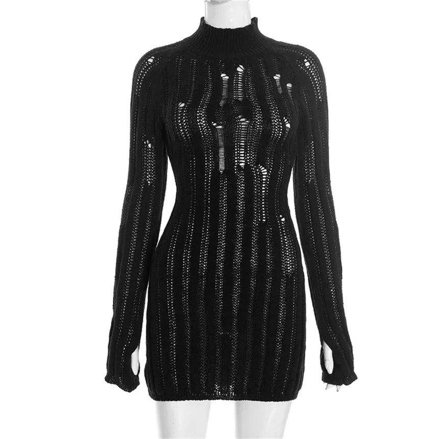 Mini-Robe Pull Femme – Maille, Manches Longues et Découpes