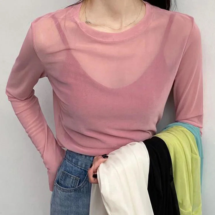 T-shirt à manches longues en maille transparente pour femmes