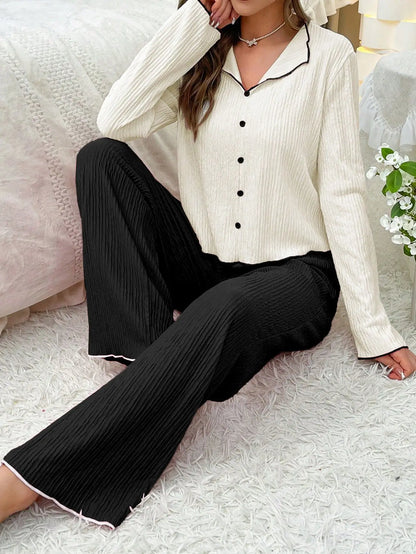 Pyjama Femme – Chemise Boutonnée à Col Revers et Pantalon