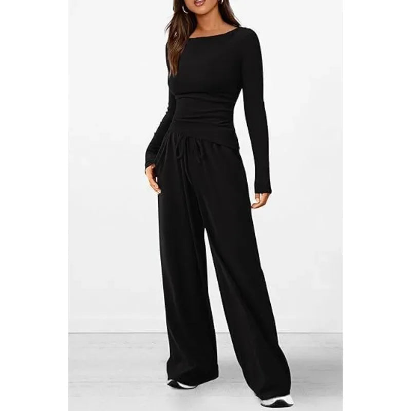 Ensemble décontracté T-shirt asymétrique à manches longues et pantalon à jambes larges pour femmes