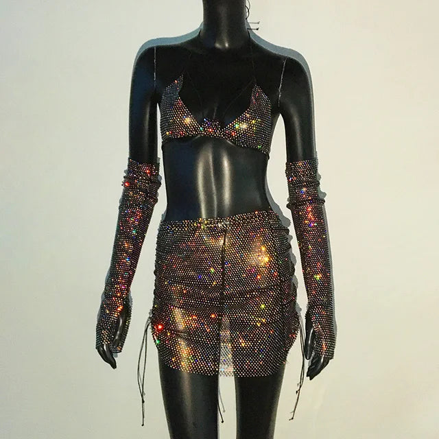 Ensemble 3 pièces haut court dos nu transparent à strass et paillettes pour femmes