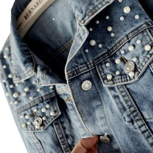 Veste en jean courte et amincissante à perles pour femmes