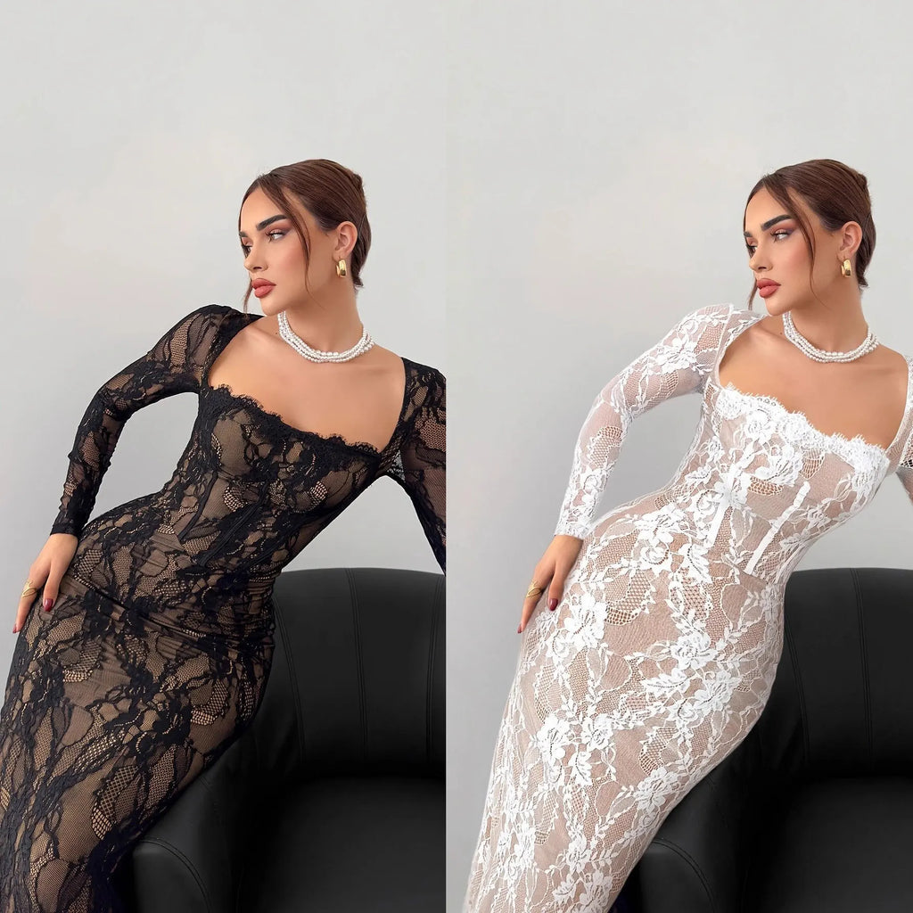 Robe longue élégante en dentelle avec col carré pour femmes
