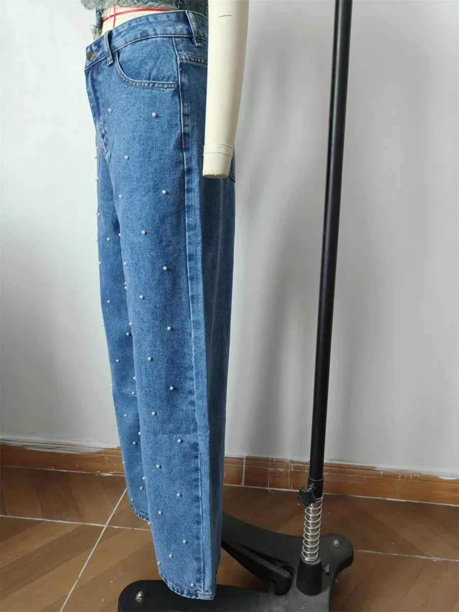 Pantalon droit en jean à perles pour femmes