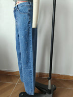 Pantalon droit en jean à perles pour femmes