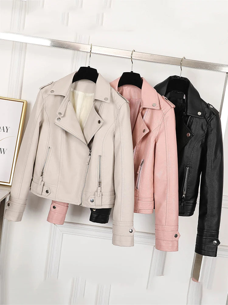 Veste biker femme beige en simili cuir