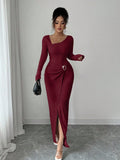 Robe longue en tricot texturé à col irrégulier pour femmes
