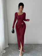 Robe longue en tricot texturé à col irrégulier pour femmes