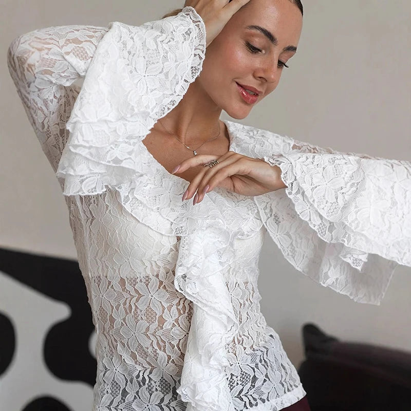T-shirt à manches longues en dentelle à volants pour femmes
