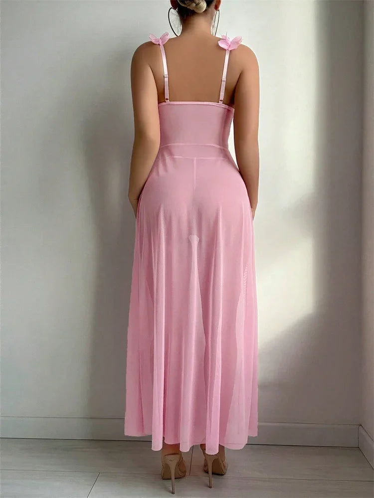 Nuisette Rose Femme – Dentelle Florale et Maille Transparente