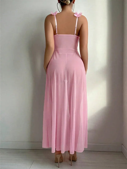 Nuisette Rose Femme – Dentelle Florale et Maille Transparente