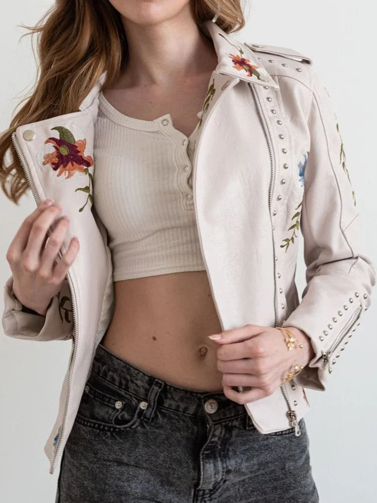 Veste courte imprimé floral vintage en similicuir pour femmes